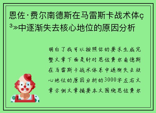恩佐·费尔南德斯在马雷斯卡战术体系中逐渐失去核心地位的原因分析