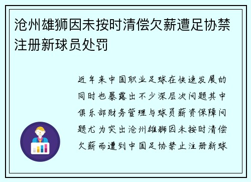 沧州雄狮因未按时清偿欠薪遭足协禁注册新球员处罚